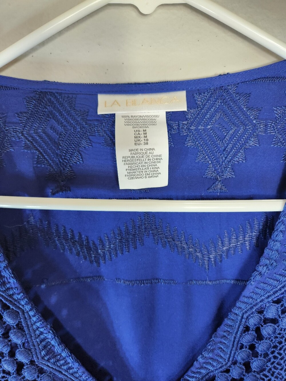 La Blanca Womens |M| Island Fare Blue Crochet/Embroidered Tunic Swim Cover Up - Picture 3 of 9